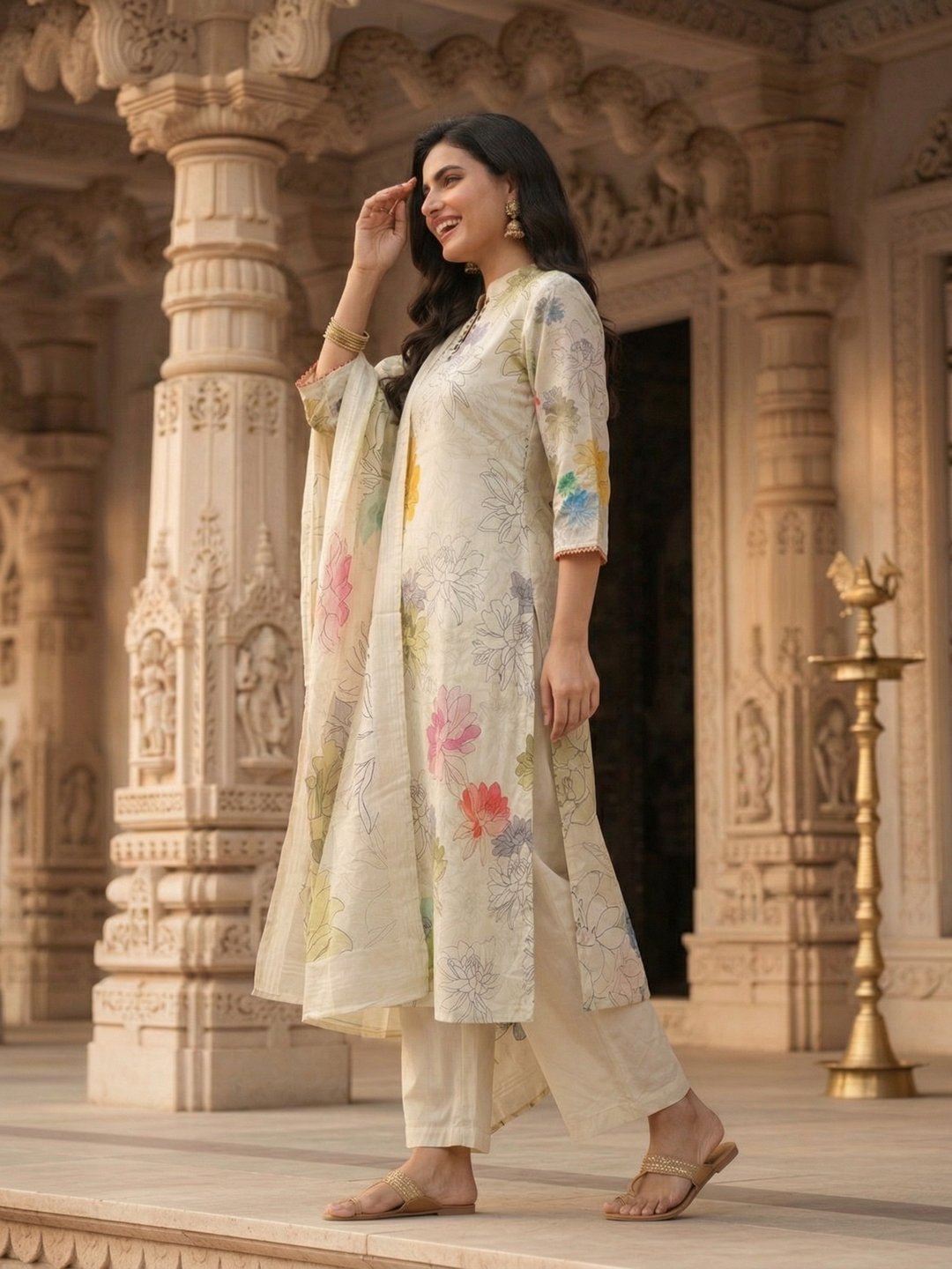Floral Printed Chanderi Straight Kurta with Palazzo & Dupatta - Multi