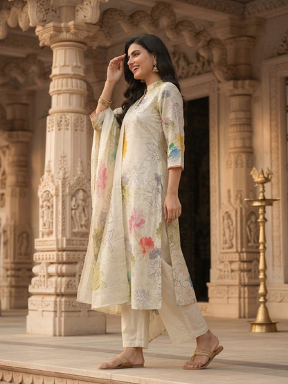 Floral Printed Chanderi Straight Kurta with Palazzo & Dupatta - Multi