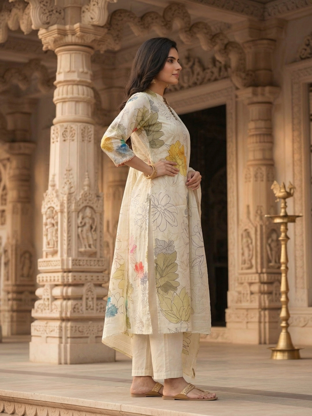 Floral Printed Chanderi Straight Kurta with Palazzo & Dupatta - Multi