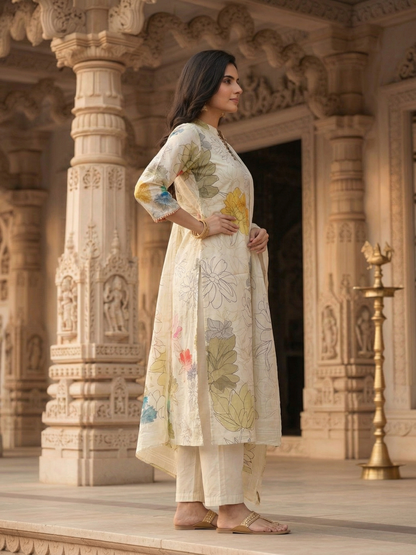 Floral Printed Chanderi Straight Kurta with Palazzo & Dupatta - Multi