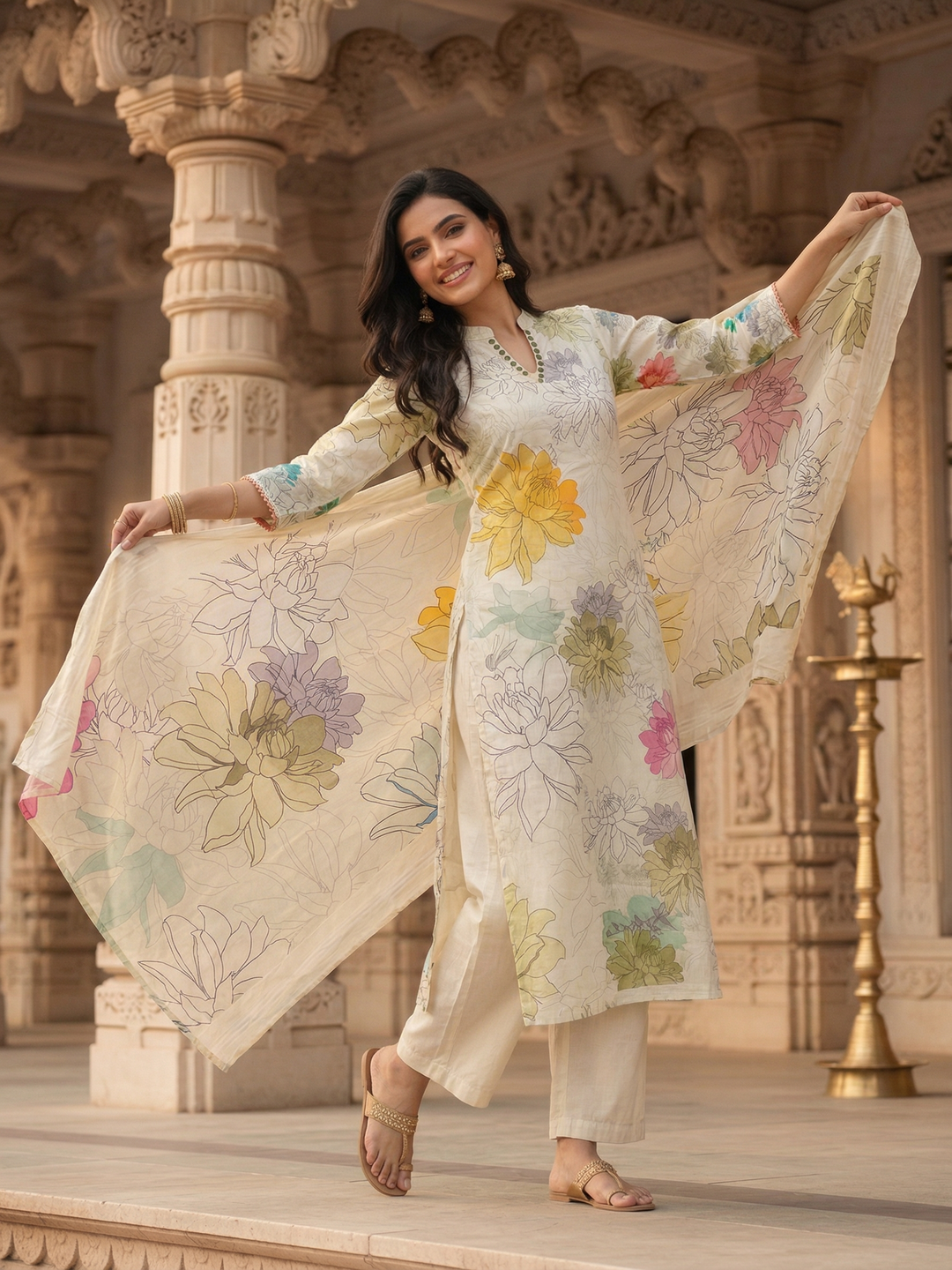 Floral Printed Chanderi Straight Kurta with Palazzo & Dupatta - Multi