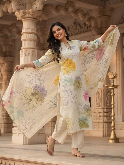Floral Printed Chanderi Straight Kurta with Palazzo & Dupatta - Multi