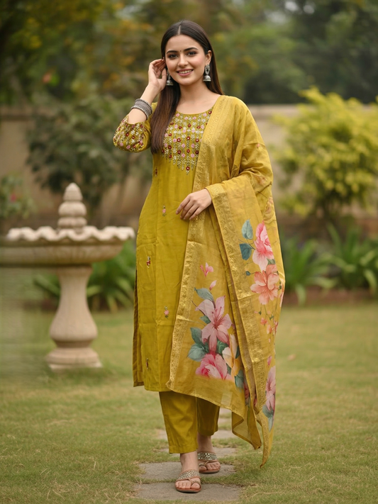 Solid Embroidered Straight Kurta with Pant & Dupatta - Mustard