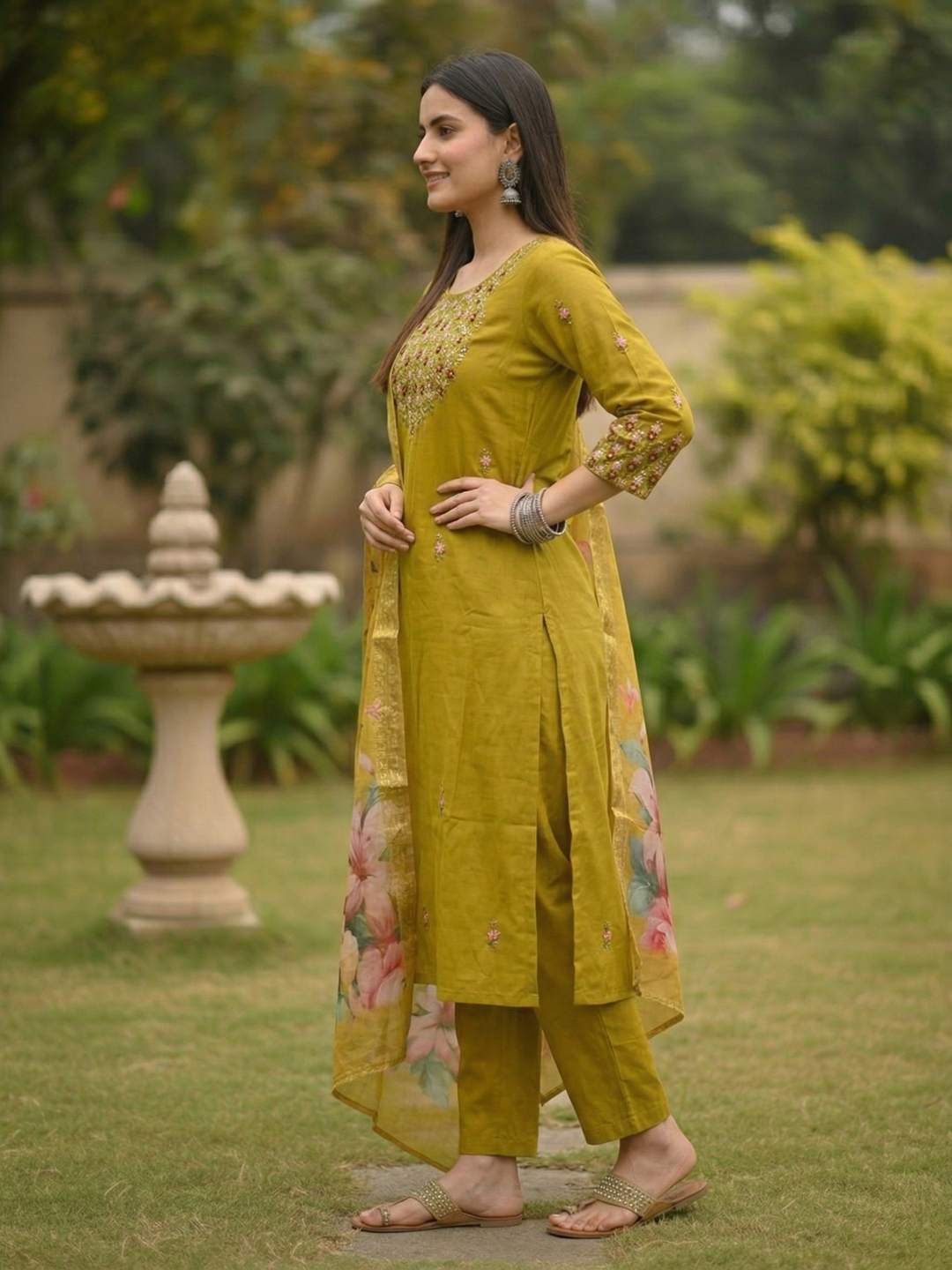 Solid Embroidered Straight Kurta with Pant & Dupatta - Mustard