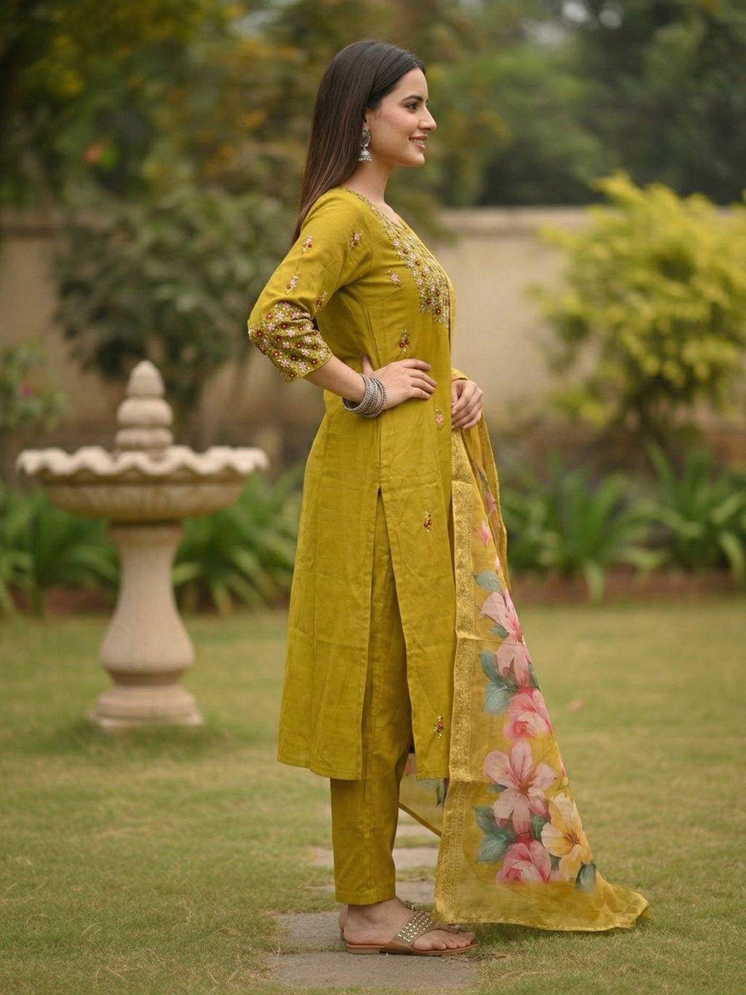 Solid Embroidered Straight Kurta with Pant & Dupatta - Mustard