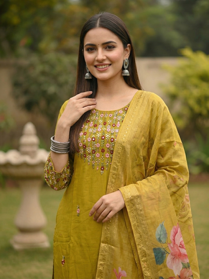 Solid Embroidered Straight Kurta with Pant & Dupatta - Mustard