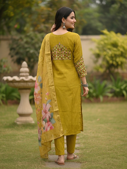 Solid Embroidered Straight Kurta with Pant & Dupatta - Mustard