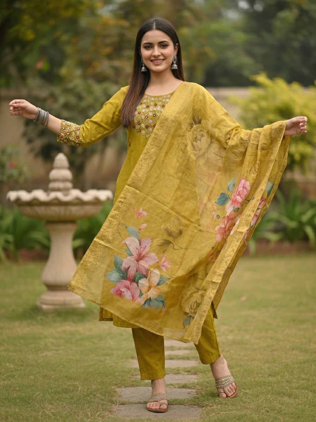 Solid Embroidered Straight Kurta with Pant & Dupatta - Mustard