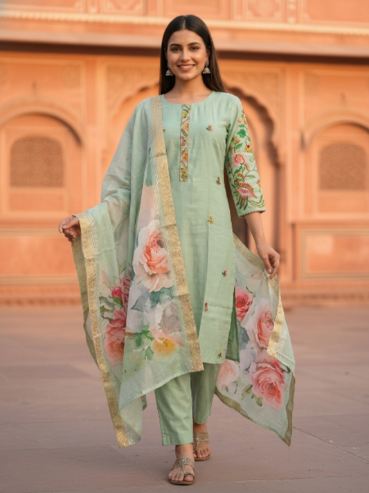 Solid Hand Painted Floral Embroidered Straight Kurta with Pyjama & Dupatta - Sea Green