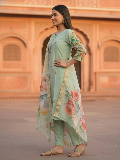 Solid Hand Painted Floral Embroidered Straight Kurta with Pyjama & Dupatta - Sea Green