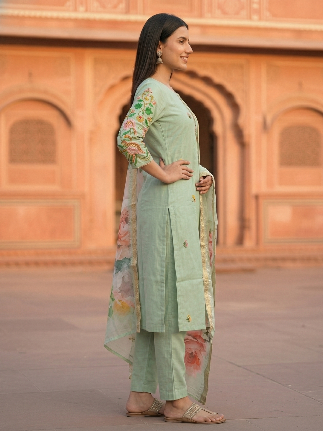 Solid Hand Painted Floral Embroidered Straight Kurta with Pyjama & Dupatta - Sea Green