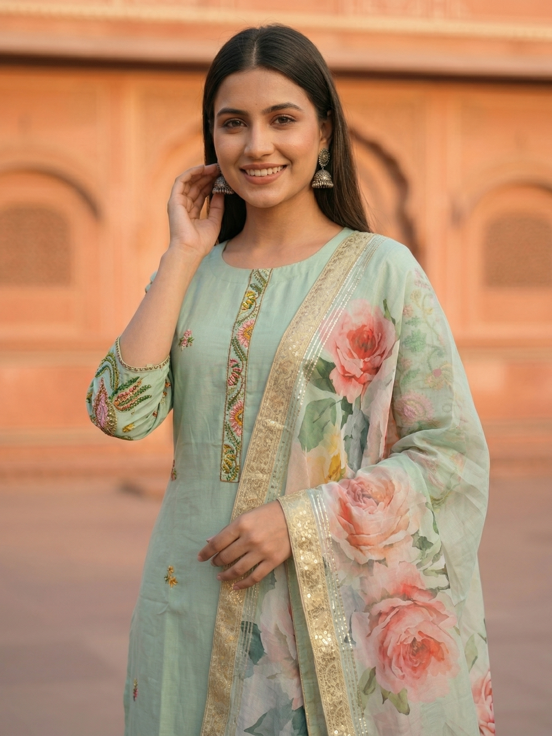 Solid Hand Painted Floral Embroidered Straight Kurta with Pyjama & Dupatta - Sea Green