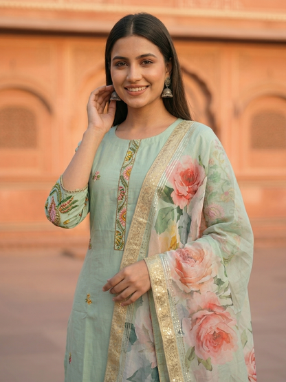 Solid Hand Painted Floral Embroidered Straight Kurta with Pyjama & Dupatta - Sea Green