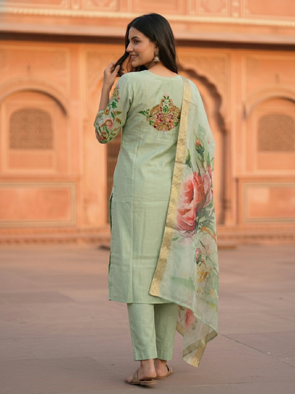 Solid Hand Painted Floral Embroidered Straight Kurta with Pyjama & Dupatta - Sea Green