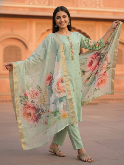 Solid Hand Painted Floral Embroidered Straight Kurta with Pyjama & Dupatta - Sea Green