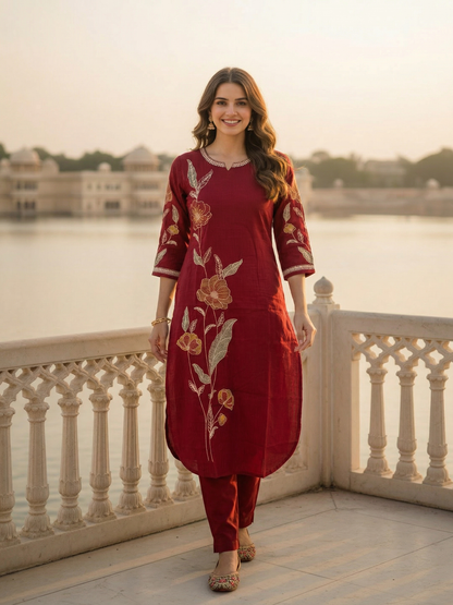 Solid Floral Embroidered Straight Kurta - Maroon