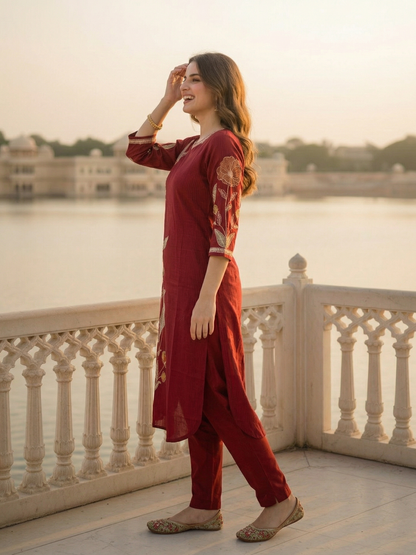 Solid Floral Embroidered Straight Kurta - Maroon