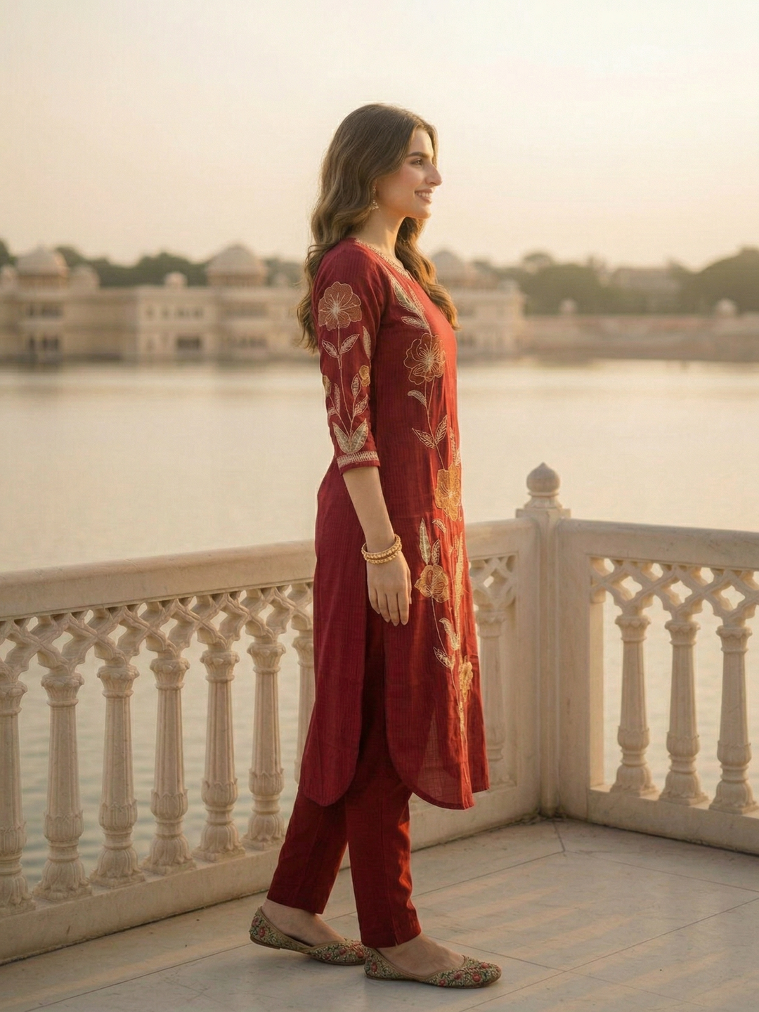 Solid Floral Embroidered Straight Kurta - Maroon