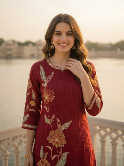 Solid Floral Embroidered Straight Kurta - Maroon