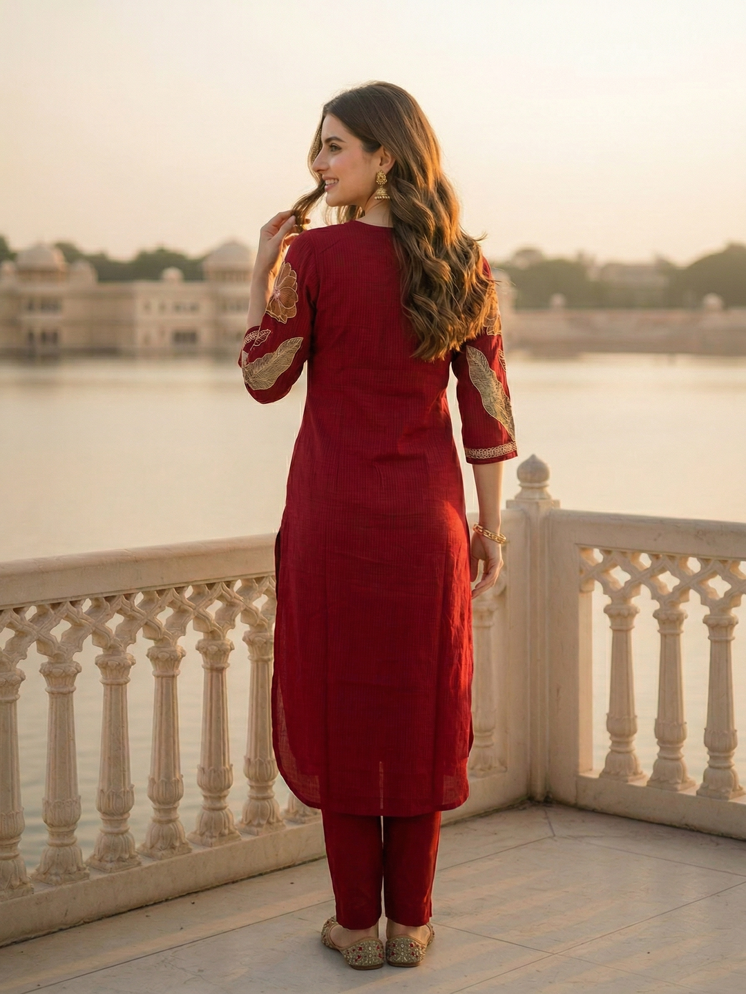 Solid Floral Embroidered Straight Kurta - Maroon