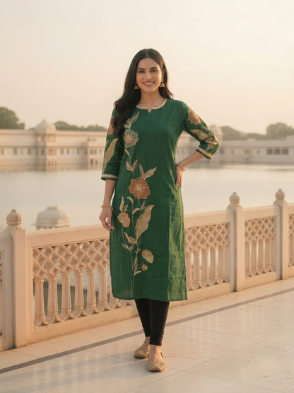 Solid Floral Embroidered Straight Kurta - Green