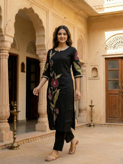 Solid Floral Embroidered Straight Kurta - Black