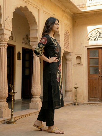 Solid Floral Embroidered Straight Kurta - Black