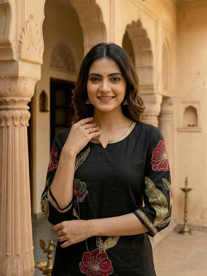Solid Floral Embroidered Straight Kurta - Black