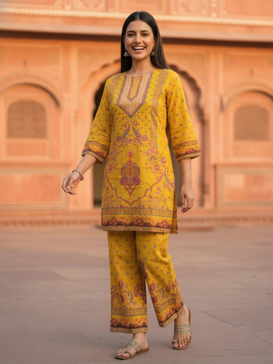 Ethnic Printed Straight Kurta with Palazzo - Mustard