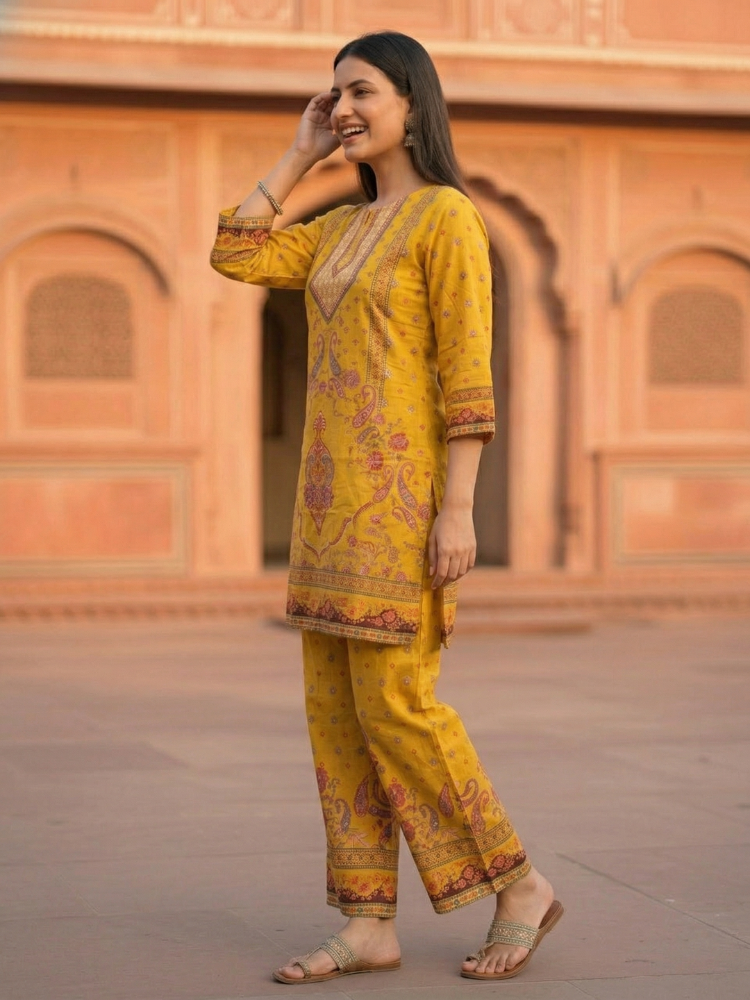 Ethnic Printed Straight Kurta with Palazzo - Mustard