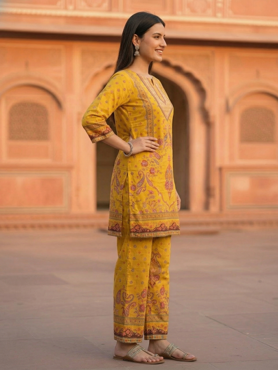 Ethnic Printed Straight Kurta with Palazzo - Mustard