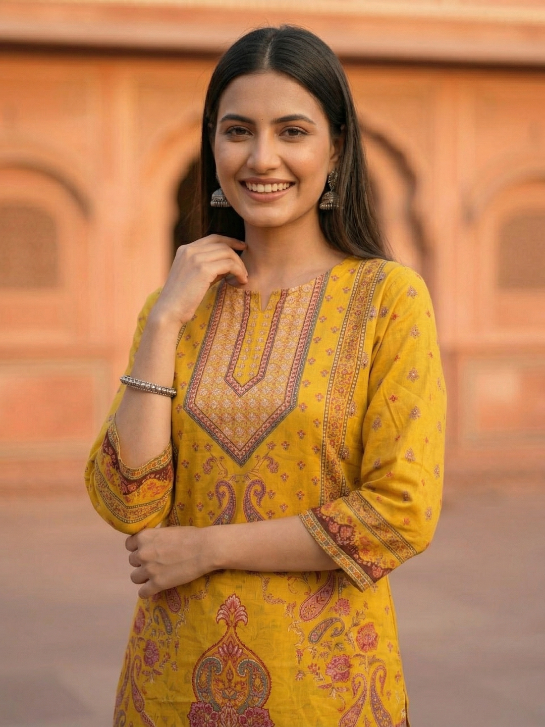 Ethnic Printed Straight Kurta with Palazzo - Mustard