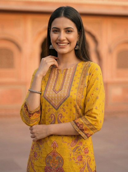Ethnic Printed Straight Kurta with Palazzo - Mustard