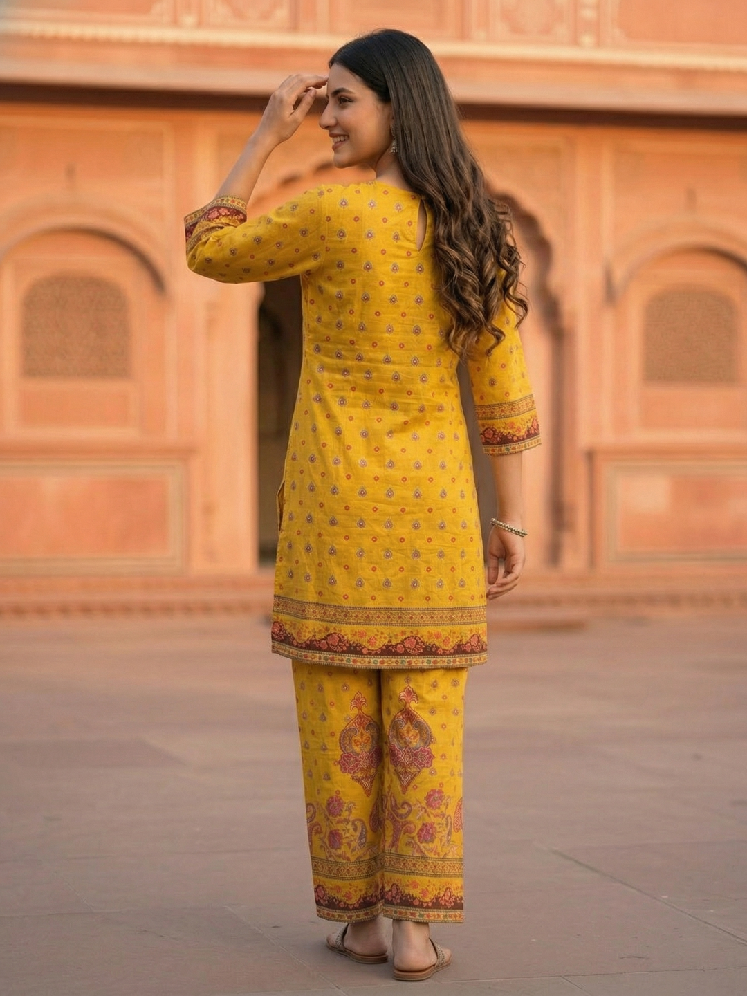 Ethnic Printed Straight Kurta with Palazzo - Mustard