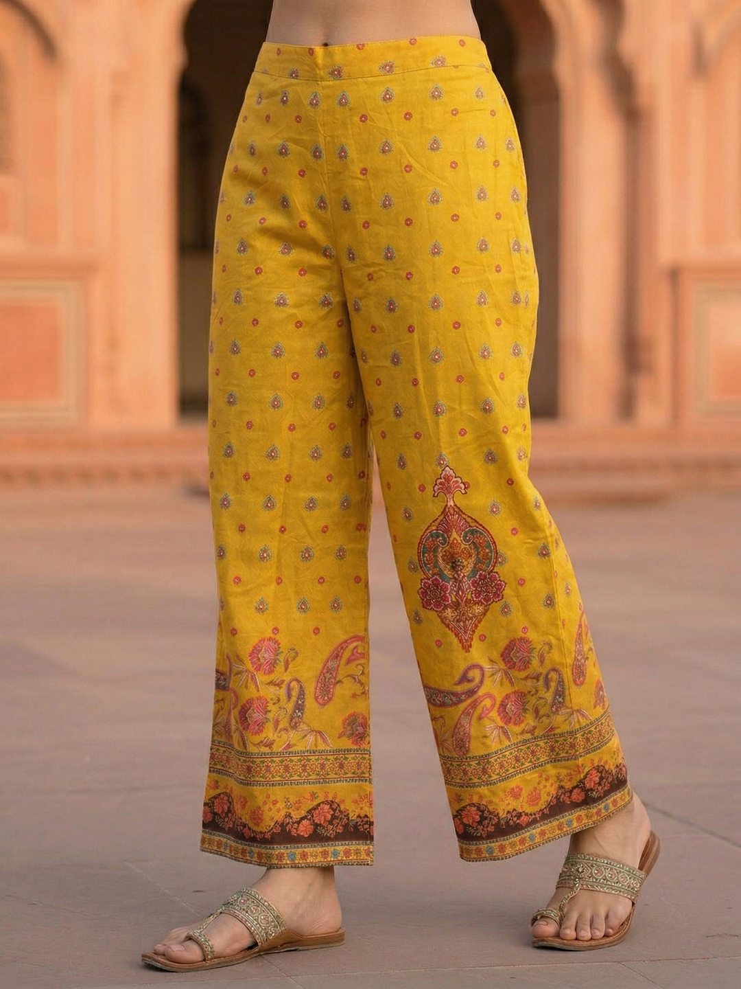 Ethnic Printed Straight Kurta with Palazzo - Mustard