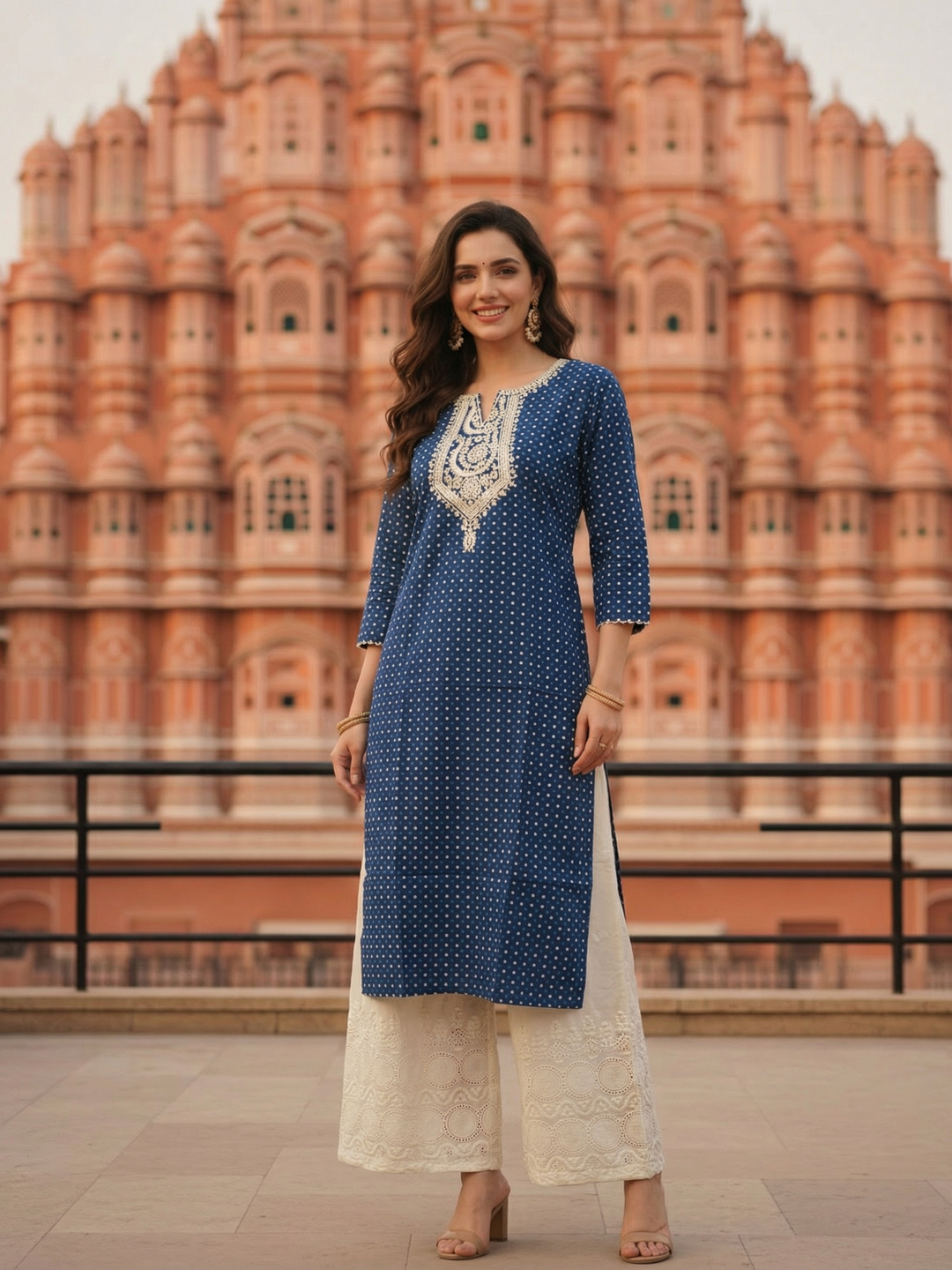 Ethnic Printed Embroidered Straight Kurta with Palazzo - Indigo Blue & Off White