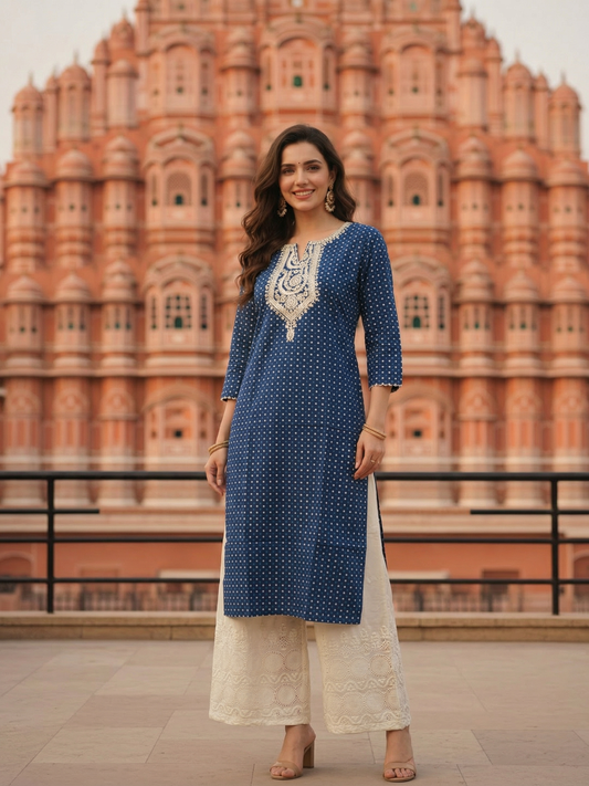 Ethnic Printed Embroidered Straight Kurta with Palazzo - Indigo Blue & Off White