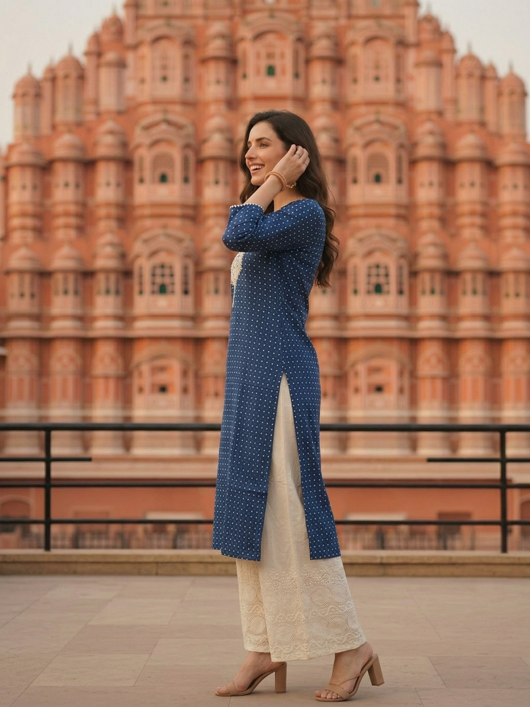 Ethnic Printed Embroidered Straight Kurta with Palazzo - Indigo Blue & Off White