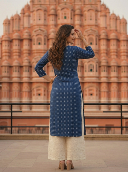 Ethnic Printed Embroidered Straight Kurta with Palazzo - Indigo Blue & Off White