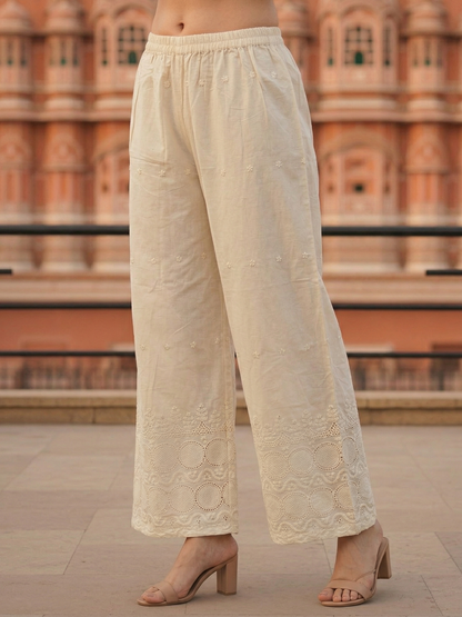 Ethnic Printed Embroidered Straight Kurta with Palazzo - Indigo Blue & Off White