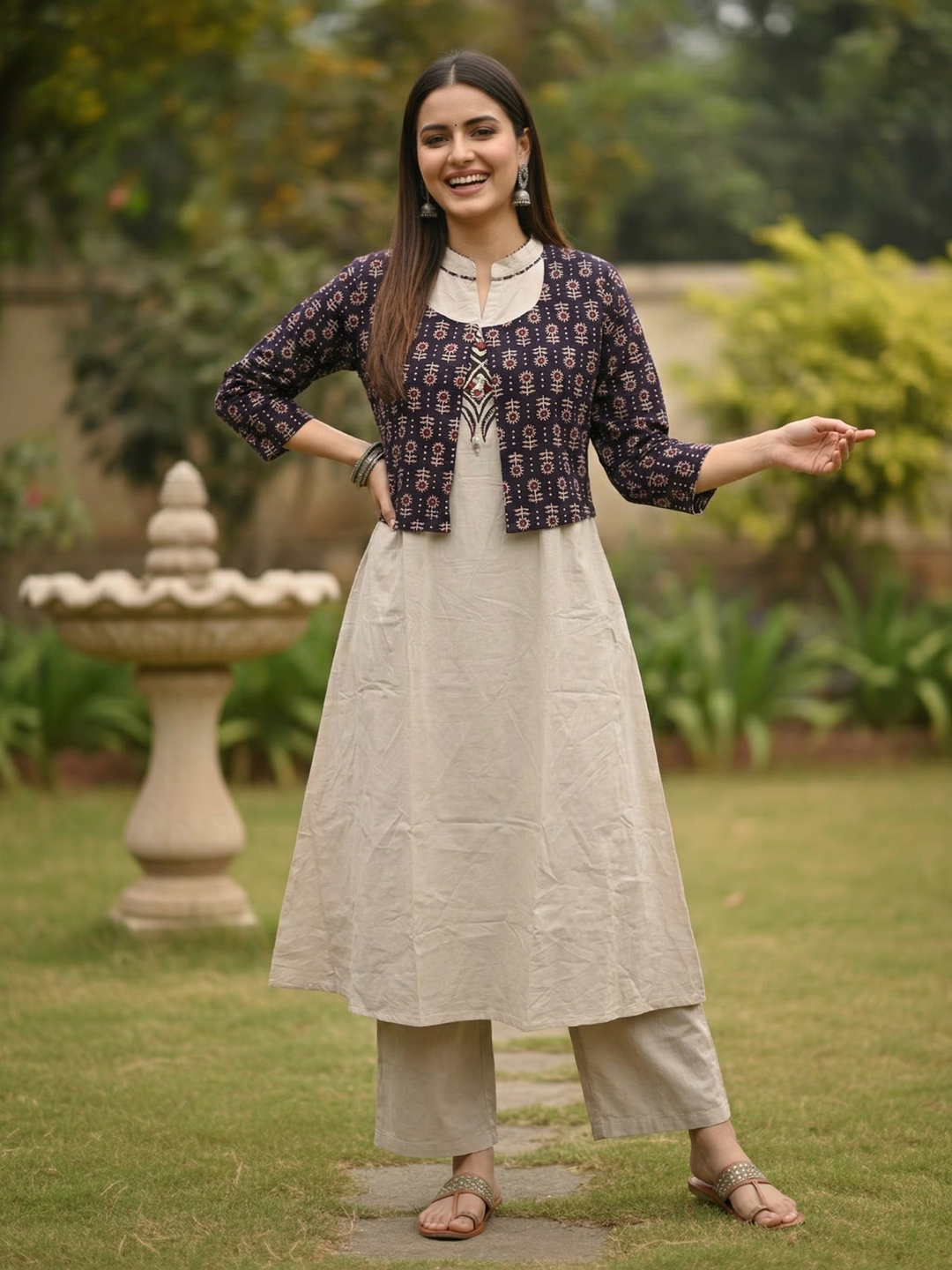 Ajrakh Print Appliqué Halter Neck A-Line Kurta with Pant & Printed Jacket - Beige