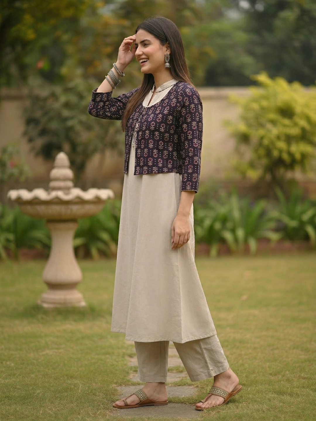 Ajrakh Print Appliqué Halter Neck A-Line Kurta with Pant & Printed Jacket - Beige