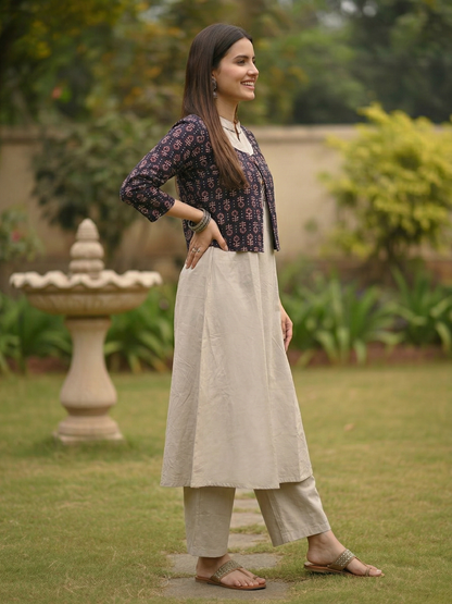 Ajrakh Print Appliqué Halter Neck A-Line Kurta with Pant & Printed Jacket - Beige