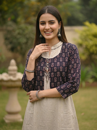 Ajrakh Print Appliqué Halter Neck A-Line Kurta with Pant & Printed Jacket - Beige