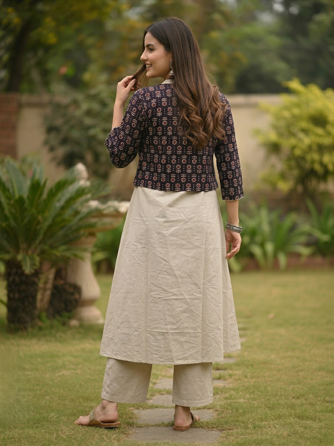 Ajrakh Print Appliqué Halter Neck A-Line Kurta with Pant & Printed Jacket - Beige