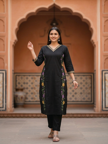 Solid Embroidered Princess Cut Panelled Kurta with Palazzo - Black