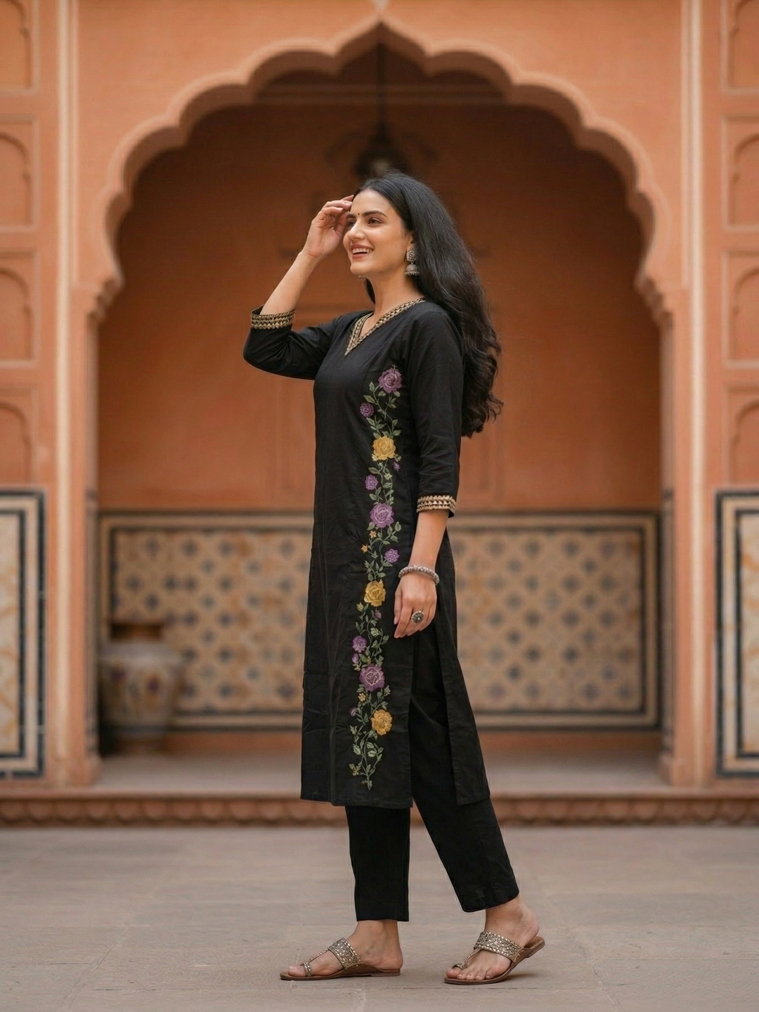 Solid Embroidered Princess Cut Panelled Kurta with Palazzo - Black