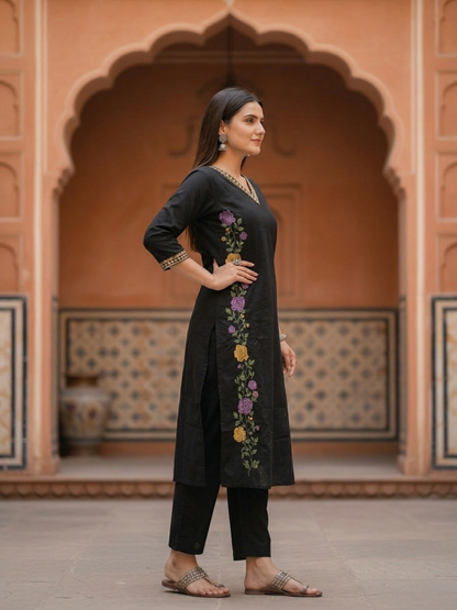 Solid Embroidered Princess Cut Panelled Kurta with Palazzo - Black