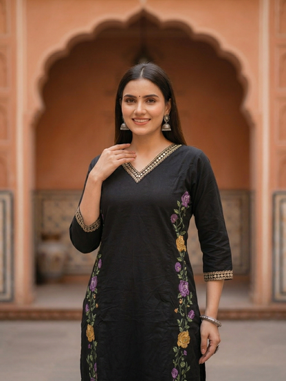 Solid Embroidered Princess Cut Panelled Kurta with Palazzo - Black