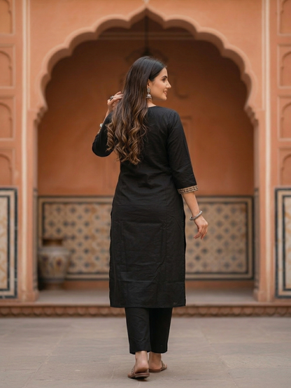 Solid Embroidered Princess Cut Panelled Kurta with Palazzo - Black